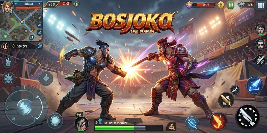 Screenshot gameplay <strong>BOSJOKO</strong> yang menampilkan pertarungan seru antar karakter.