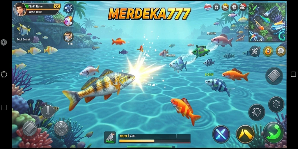Tampilan grafis yang memukau dari gameplay Tembak Ikan MERDEKA777.