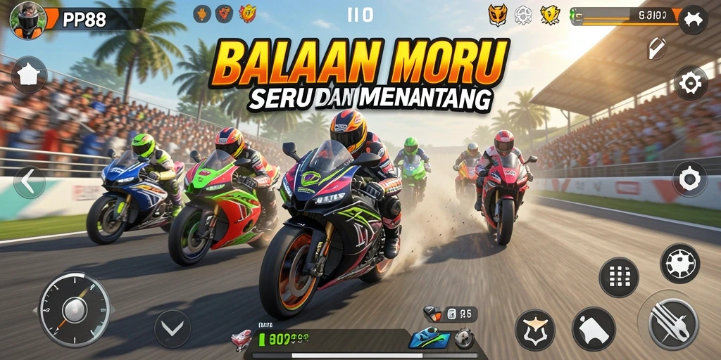 Tampilan balapan seru dengan motor yang melaju kencang.