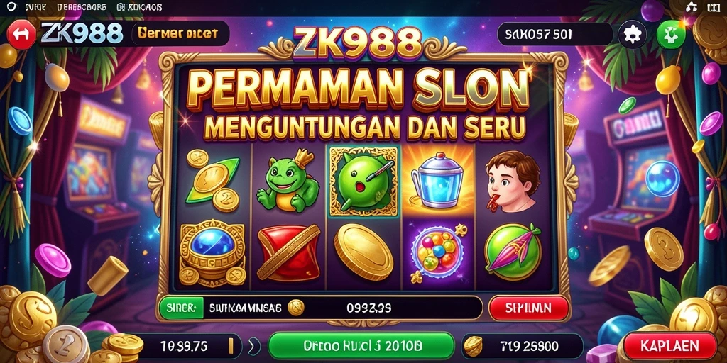 Tampilan gameplay ZK988 dengan gulungan slot yang berputar dan animasi yang menarik.
